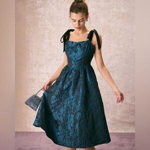 NWT RIHOAS The Navy Tie Shoulder Jacquard Midi Dress Sz M